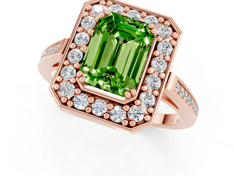 Rose gold {shape_name} Peridot Halo Ring with Split Shank and Four-Prong Setting_1