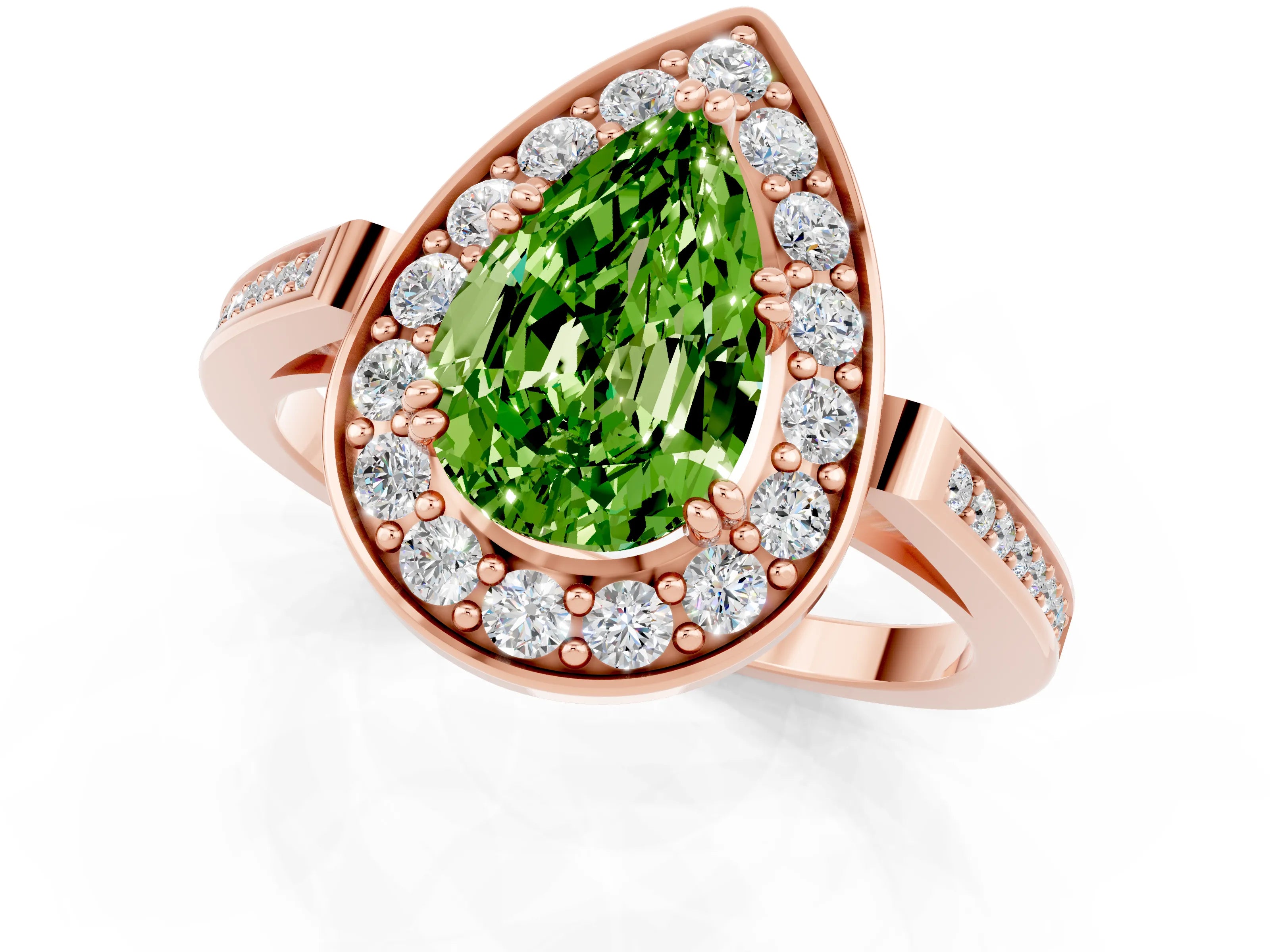 Rose gold {shape_name} Peridot Halo Ring with Split Shank and Four-Prong Setting_1