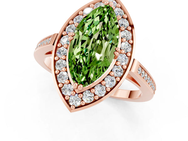 Rose gold Marquise Cut Peridot Halo Ring with Split Shank and Four-Prong Setting
