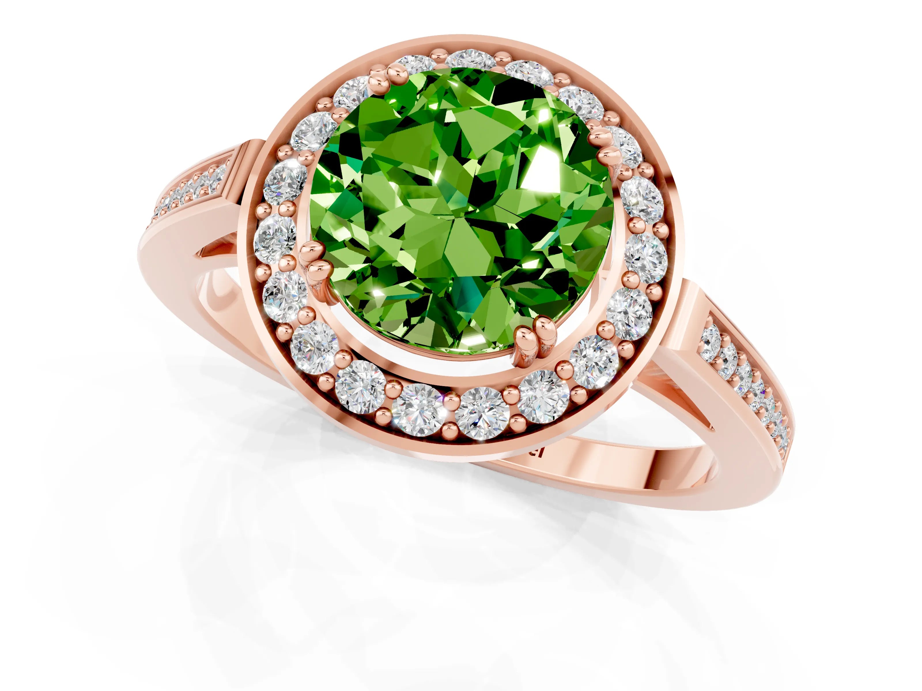 Rose gold {shape_name} Peridot Halo Ring with Split Shank and Four-Prong Setting_1