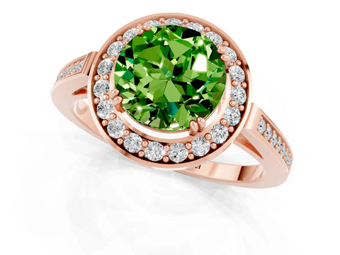 Rose gold {shape_name} Peridot Halo Ring with Split Shank and Four-Prong Setting_1