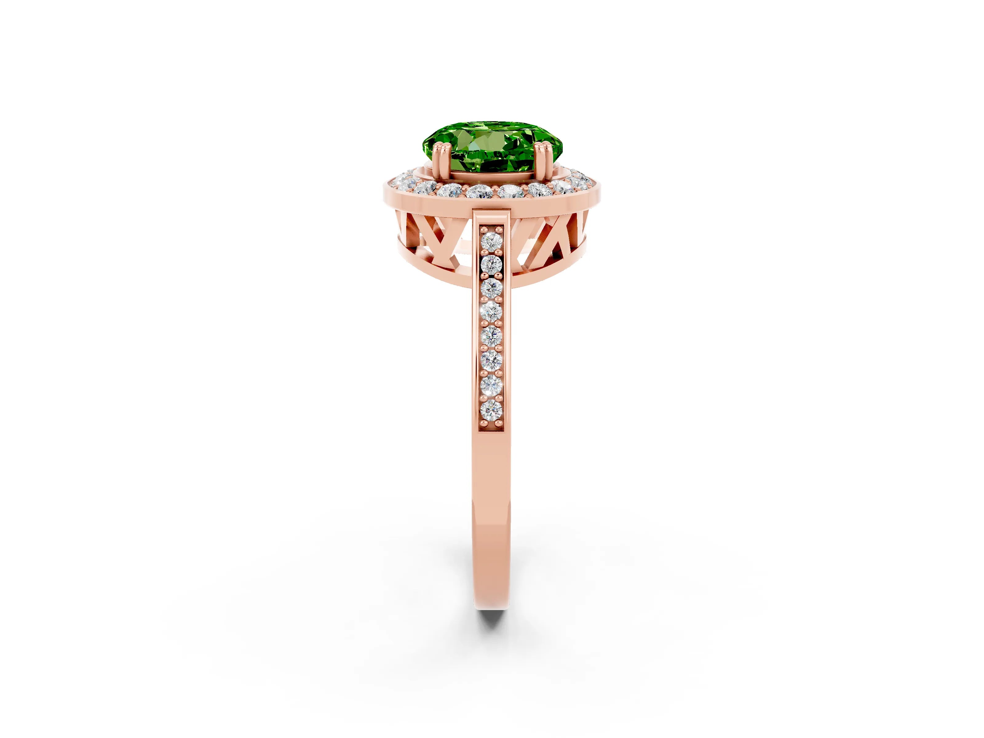 Rose gold {shape_name} Peridot Halo Ring with Split Shank and Four-Prong Setting_2