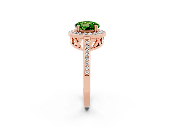 Rose gold Round Cut Peridot Halo Ring with Split Shank and Four-Prong Setting