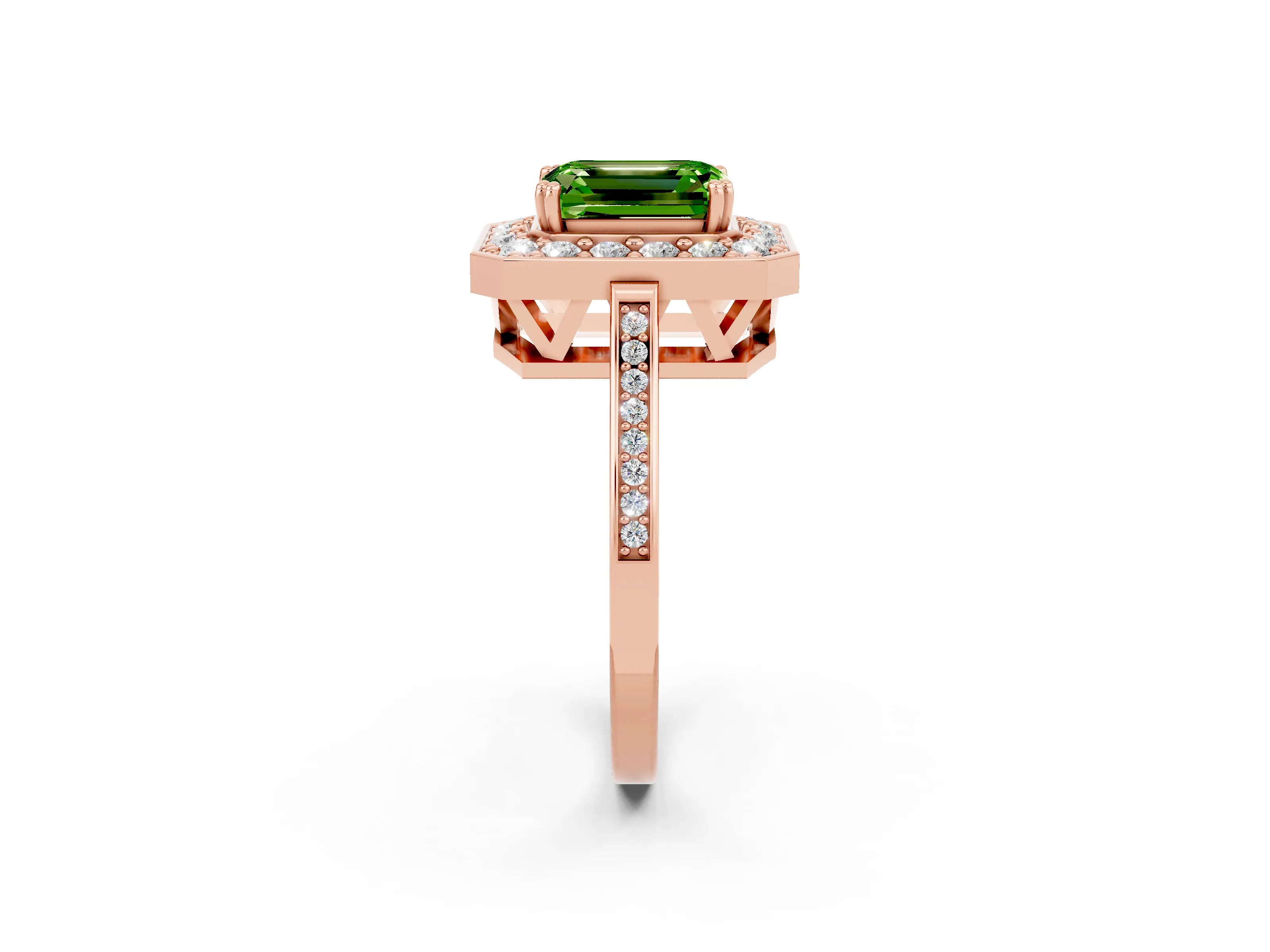 Rose gold {shape_name} Peridot Halo Ring with Split Shank and Four-Prong Setting_2
