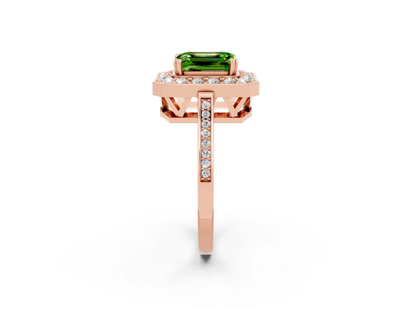 Rose gold Emerald Cut Peridot Halo Ring with Split Shank and Four-Prong Setting