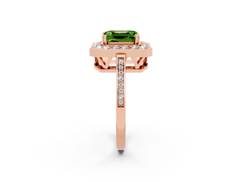 Rose gold {shape_name} Peridot Halo Ring with Split Shank and Four-Prong Setting_2
