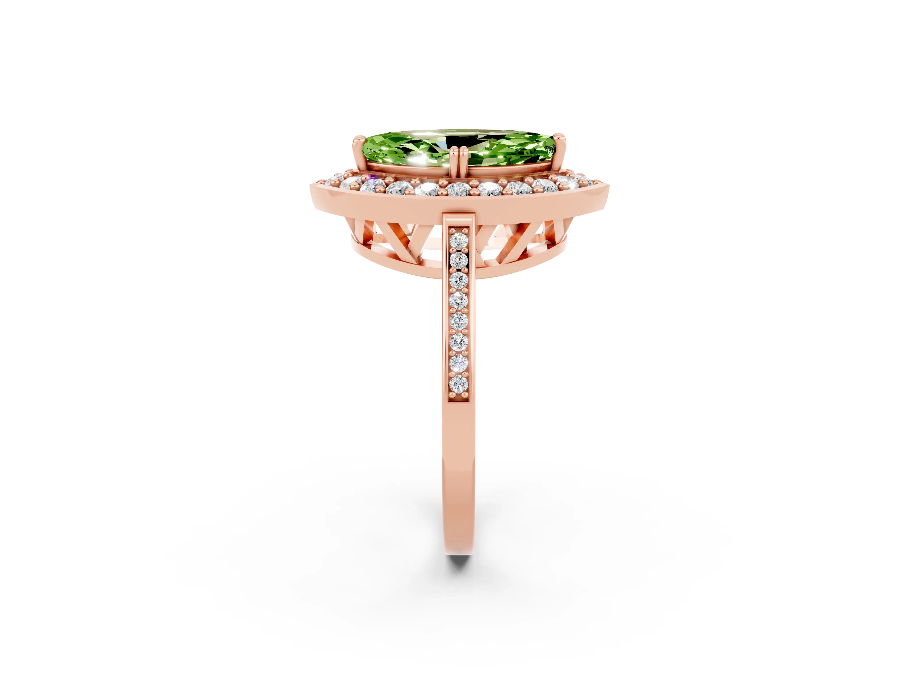 Rose gold {shape_name} Peridot Halo Ring with Split Shank and Four-Prong Setting_2