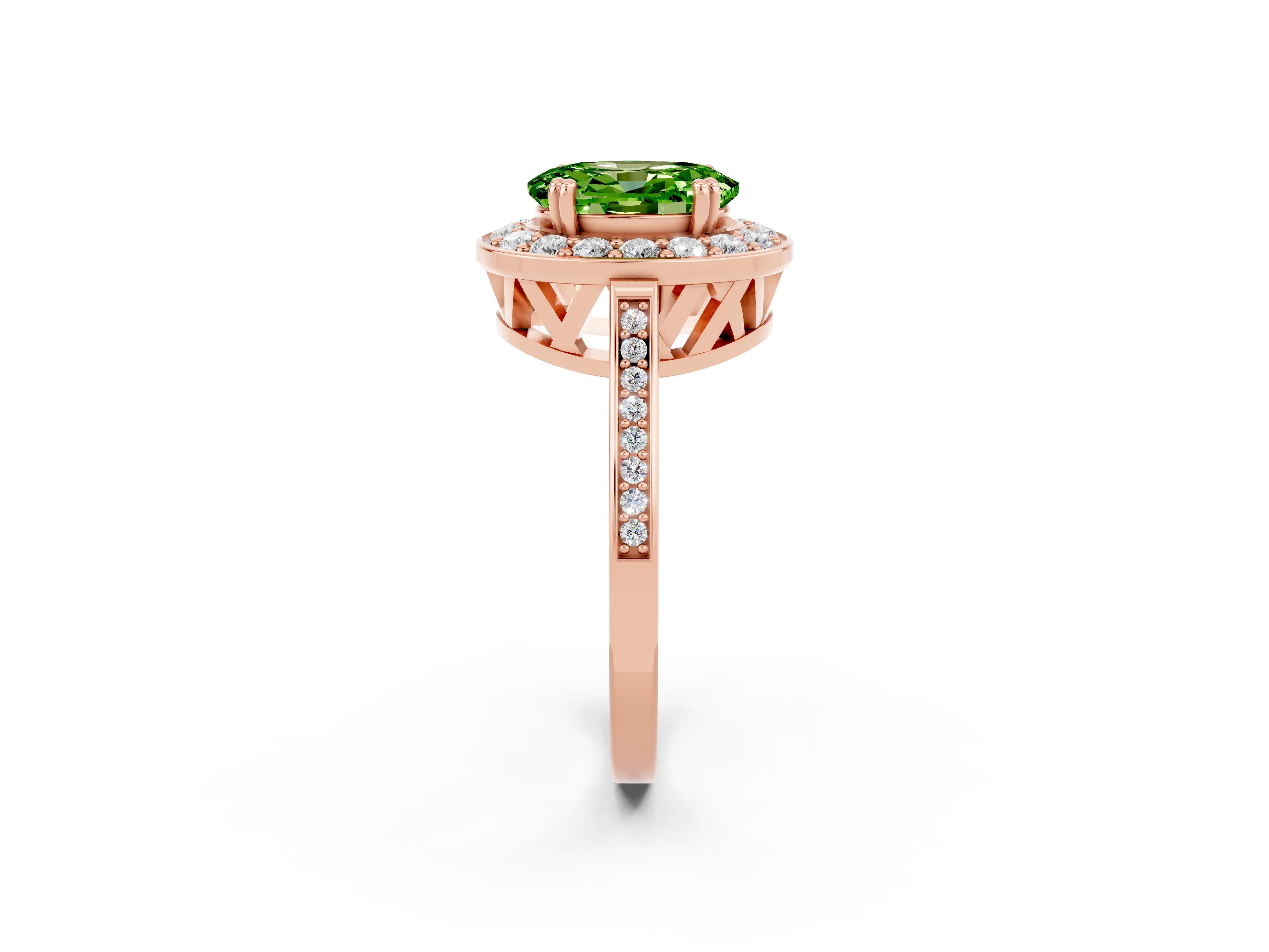 Rose gold {shape_name} Peridot Halo Ring with Split Shank and Four-Prong Setting_2