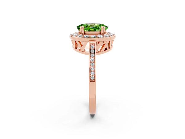 Rose gold Oval Cut Peridot Halo Ring with Split Shank and Four-Prong Setting