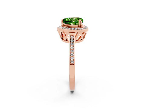 Rose gold {shape_name} Peridot Halo Ring with Split Shank and Four-Prong Setting_2