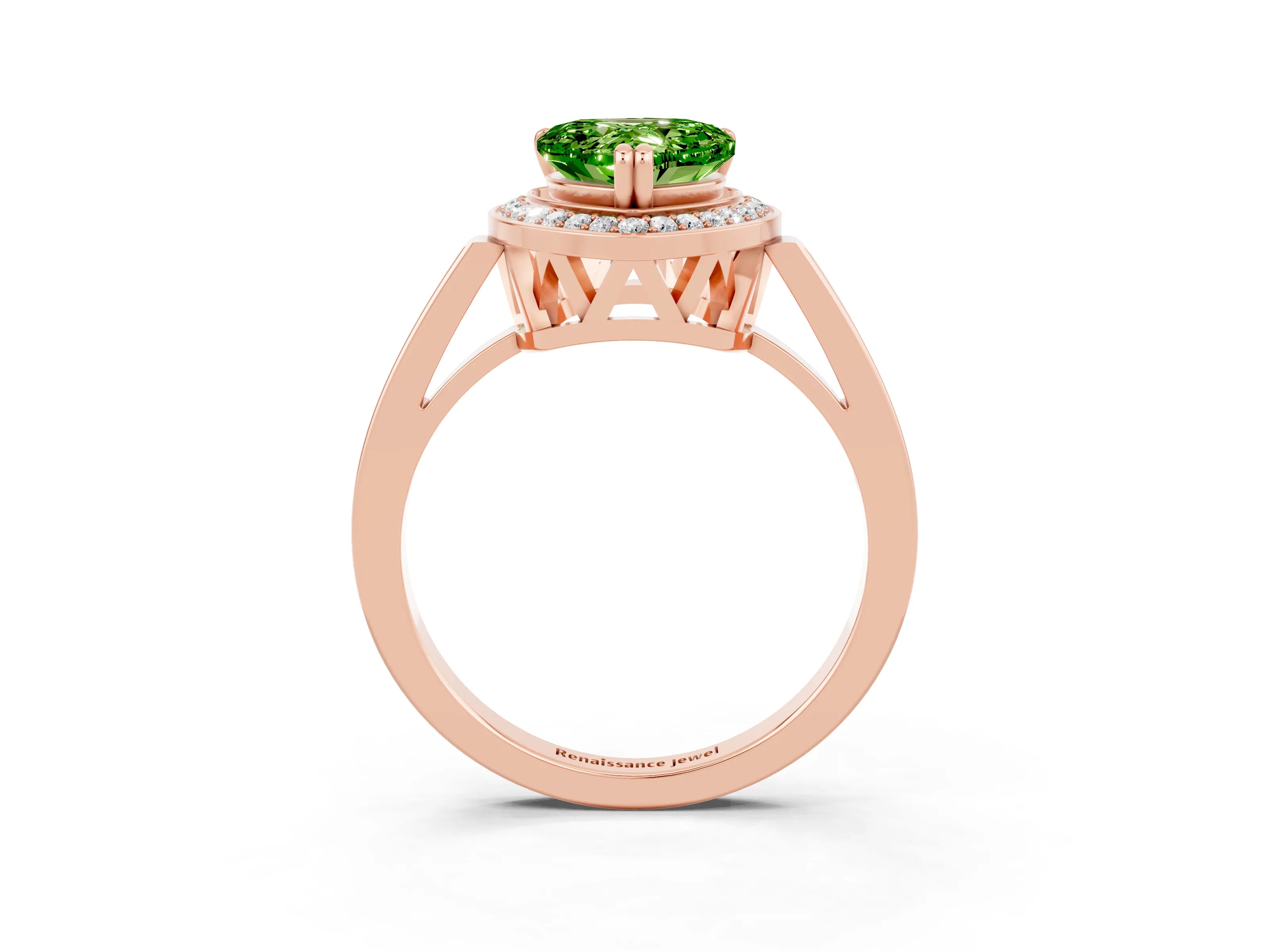 Rose gold {shape_name} Peridot Halo Ring with Split Shank and Four-Prong Setting_3