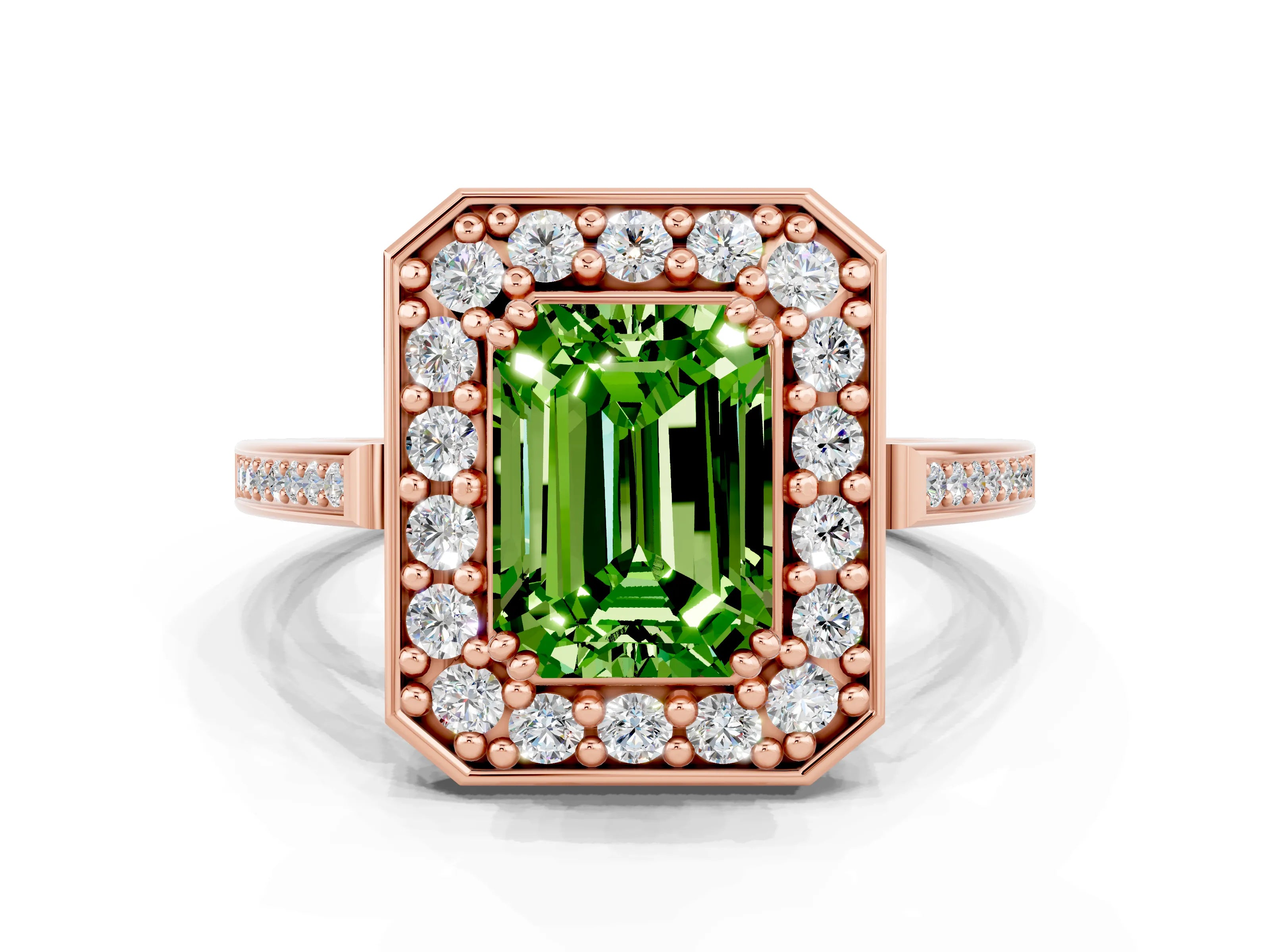 Rose gold {shape_name} Peridot Halo Ring with Split Shank and Four-Prong Setting