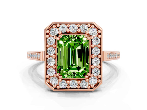 Rose gold Emerald Cut Peridot Halo Ring with Split Shank and Four-Prong Setting