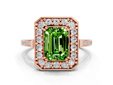 Rose gold {shape_name} Peridot Halo Ring with Split Shank and Four-Prong Setting