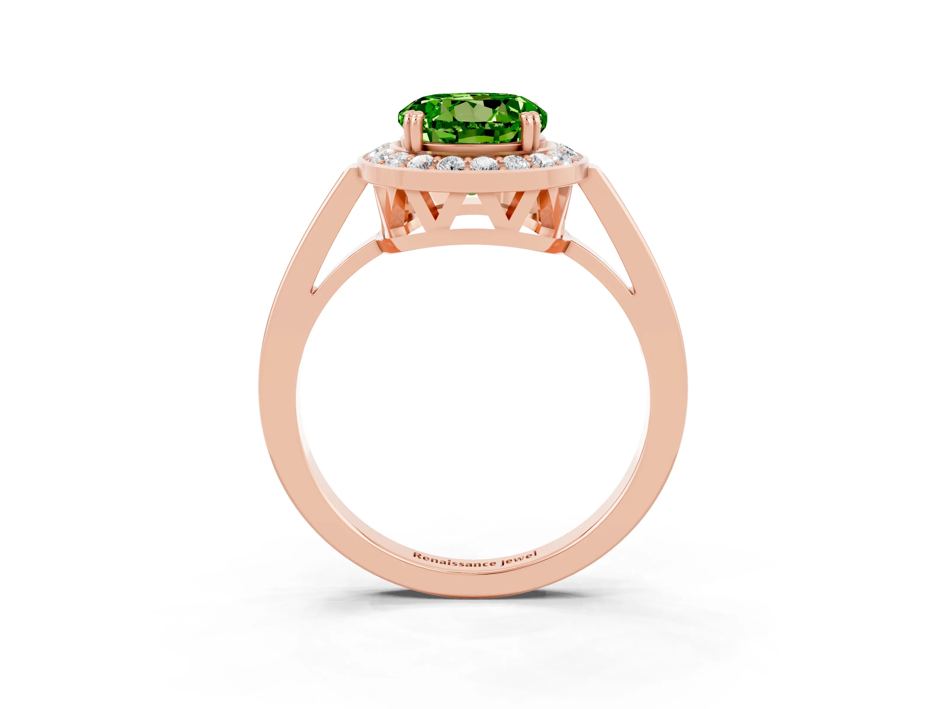 Rose gold {shape_name} Peridot Halo Ring with Split Shank and Four-Prong Setting_3