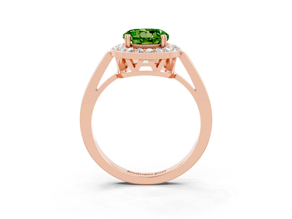 Rose gold Round Cut Peridot Halo Ring with Split Shank and Four-Prong Setting