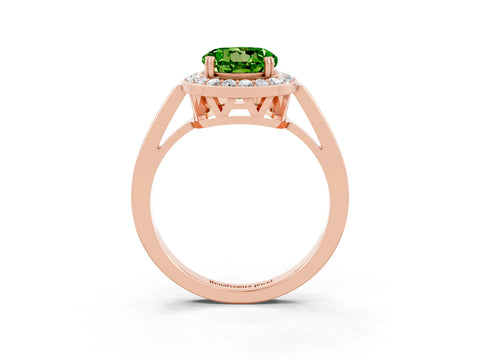 Rose gold {shape_name} Peridot Halo Ring with Split Shank and Four-Prong Setting_3