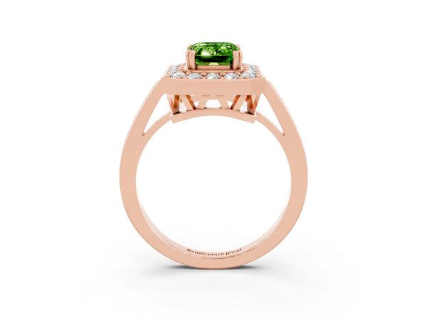Rose gold Emerald Cut Peridot Halo Ring with Split Shank and Four-Prong Setting