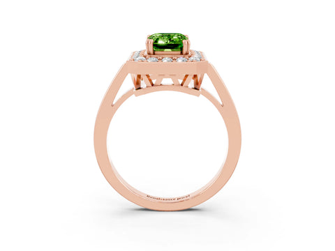 Rose gold {shape_name} Peridot Halo Ring with Split Shank and Four-Prong Setting_3