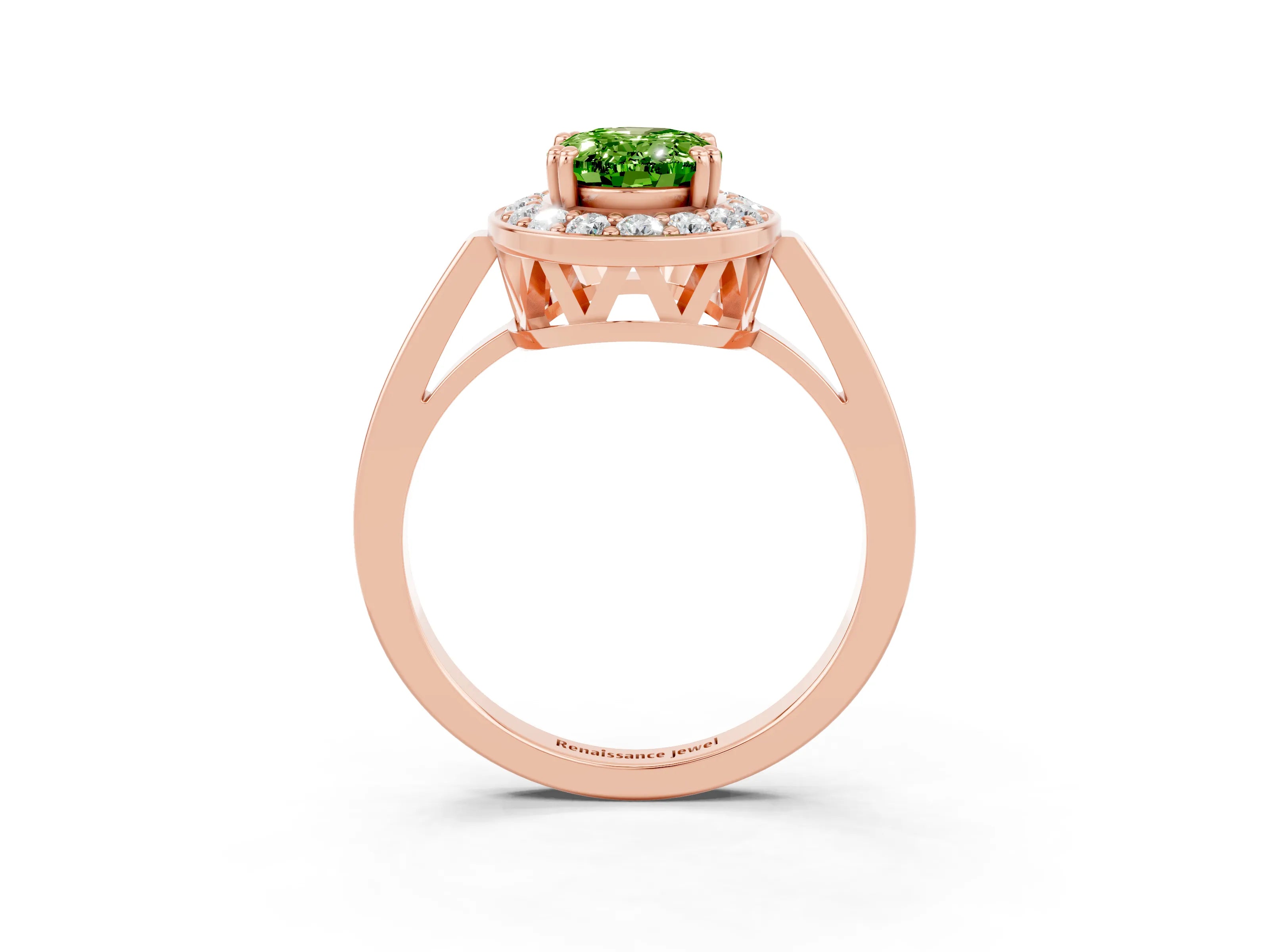 Rose gold {shape_name} Peridot Halo Ring with Split Shank and Four-Prong Setting_3