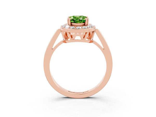 Rose gold Oval Cut Peridot Halo Ring with Split Shank and Four-Prong Setting