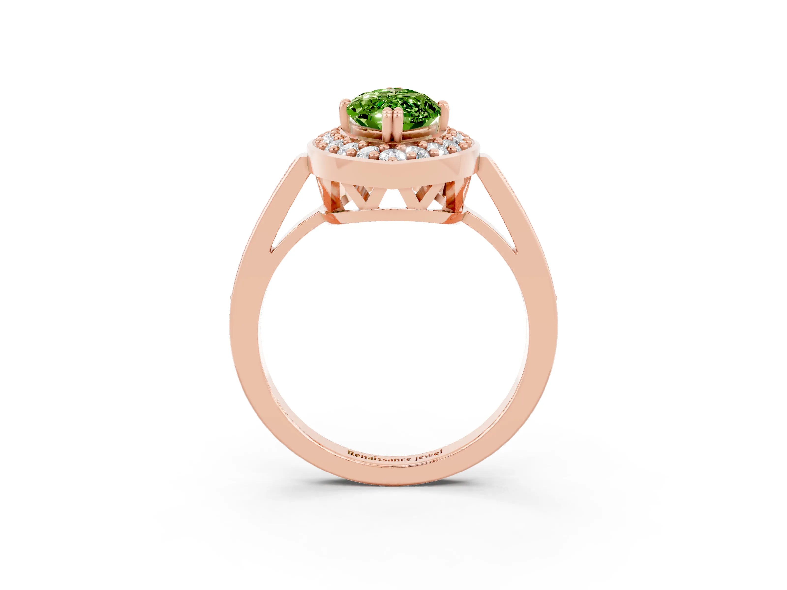 Rose gold {shape_name} Peridot Halo Ring with Split Shank and Four-Prong Setting_3