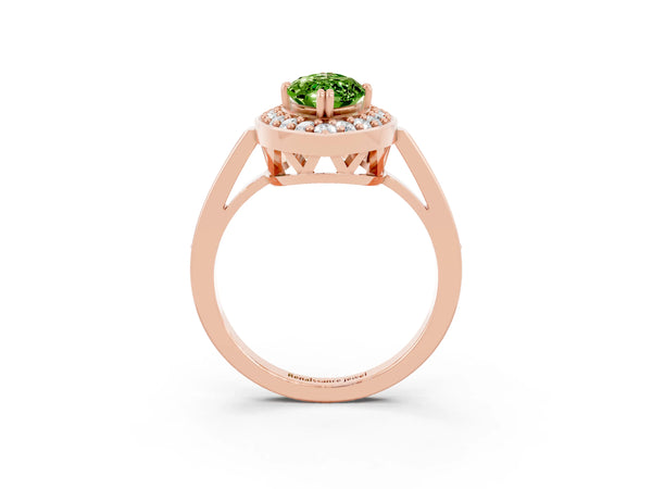 Rose gold Marquise Cut Peridot Halo Ring with Split Shank and Four-Prong Setting