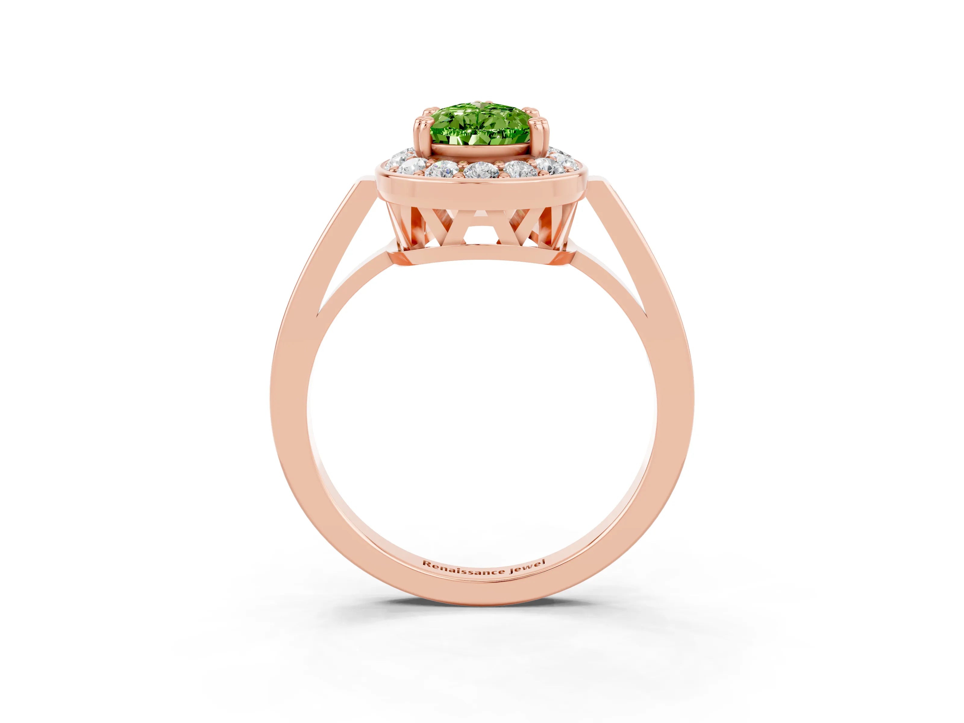 Rose gold {shape_name} Peridot Halo Ring with Split Shank and Four-Prong Setting_3