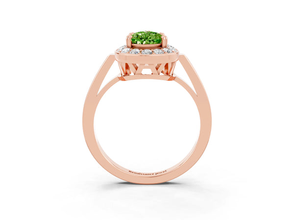 Rose gold Pear Cut Peridot Halo Ring with Split Shank and Four-Prong Setting