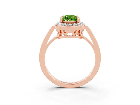 Rose gold {shape_name} Peridot Halo Ring with Split Shank and Four-Prong Setting_3