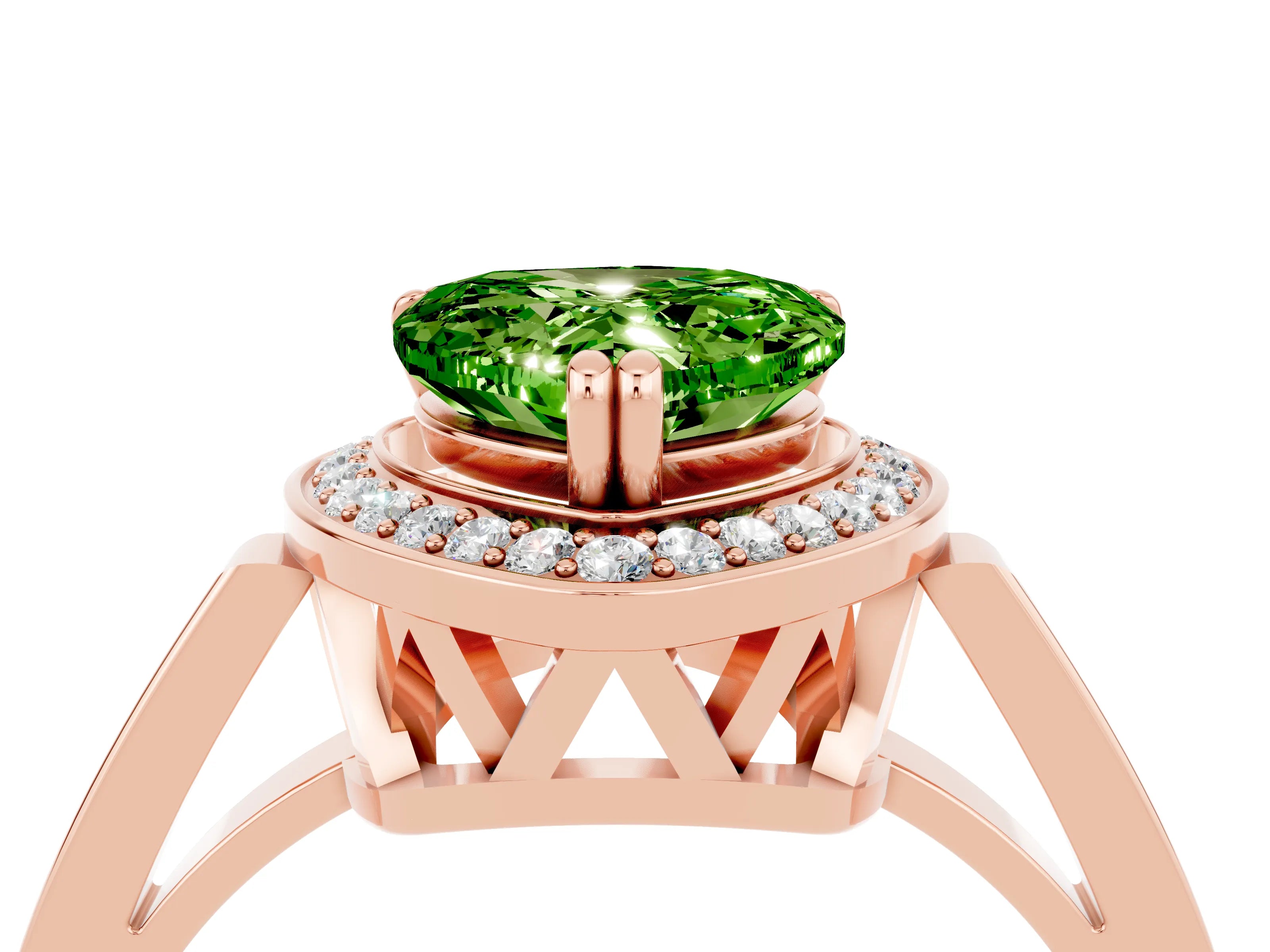 Rose gold {shape_name} Peridot Halo Ring with Split Shank and Four-Prong Setting_4