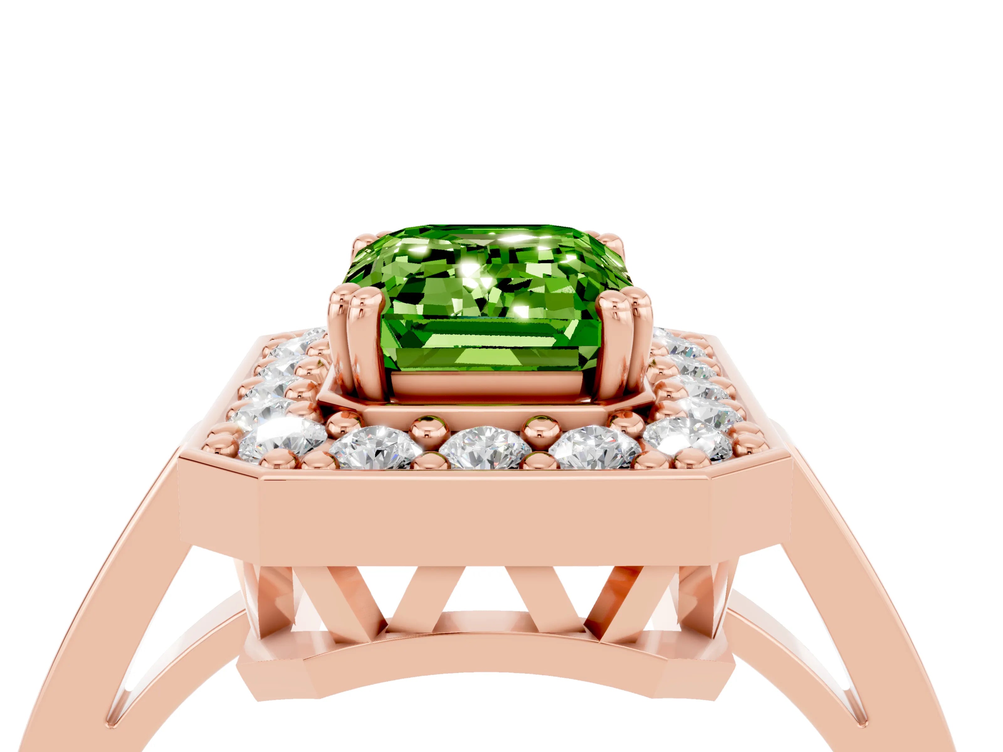 Rose gold {shape_name} Peridot Halo Ring with Split Shank and Four-Prong Setting_4
