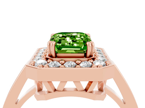 Rose gold {shape_name} Peridot Halo Ring with Split Shank and Four-Prong Setting_4