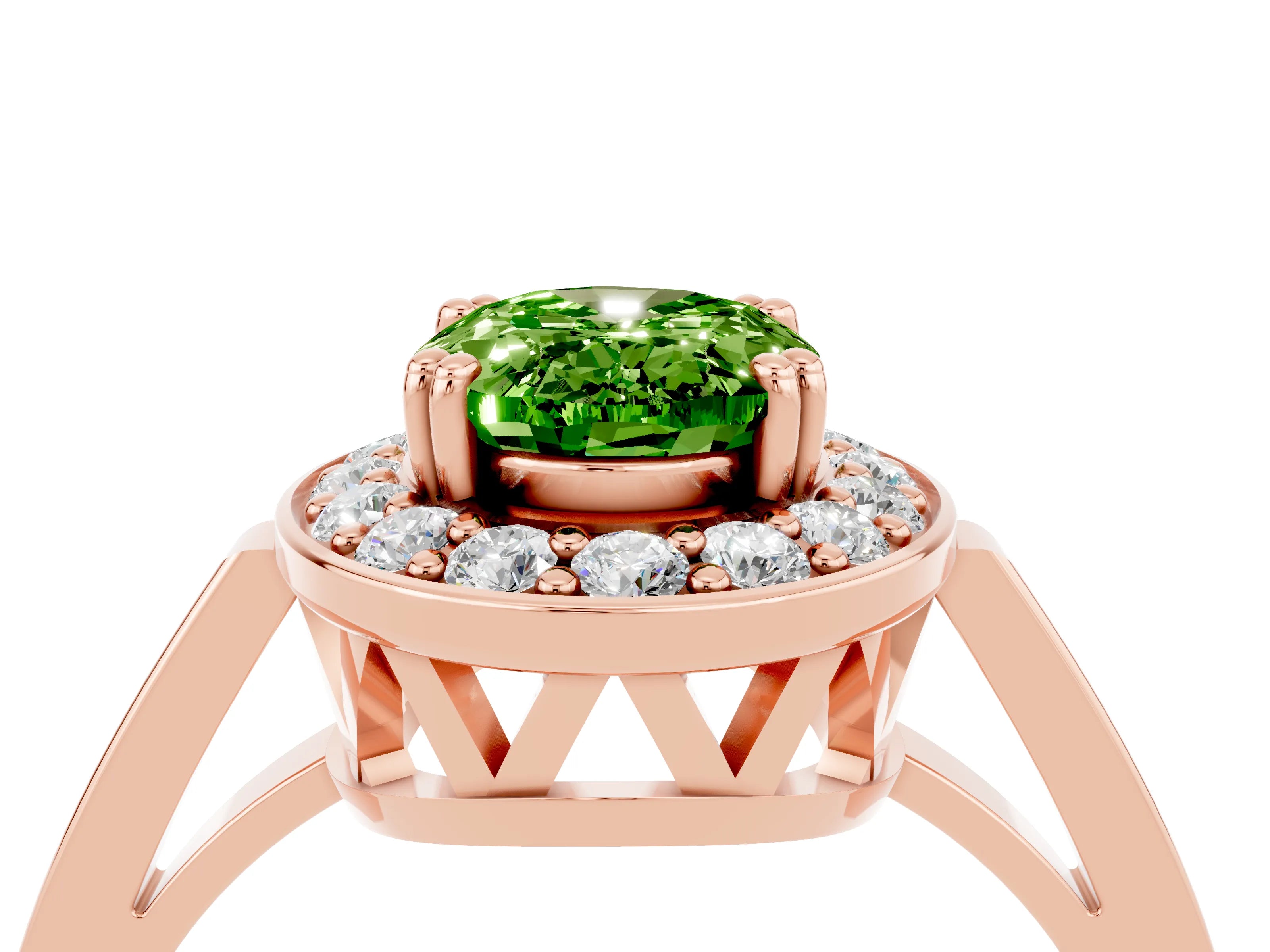 Rose gold {shape_name} Peridot Halo Ring with Split Shank and Four-Prong Setting_4