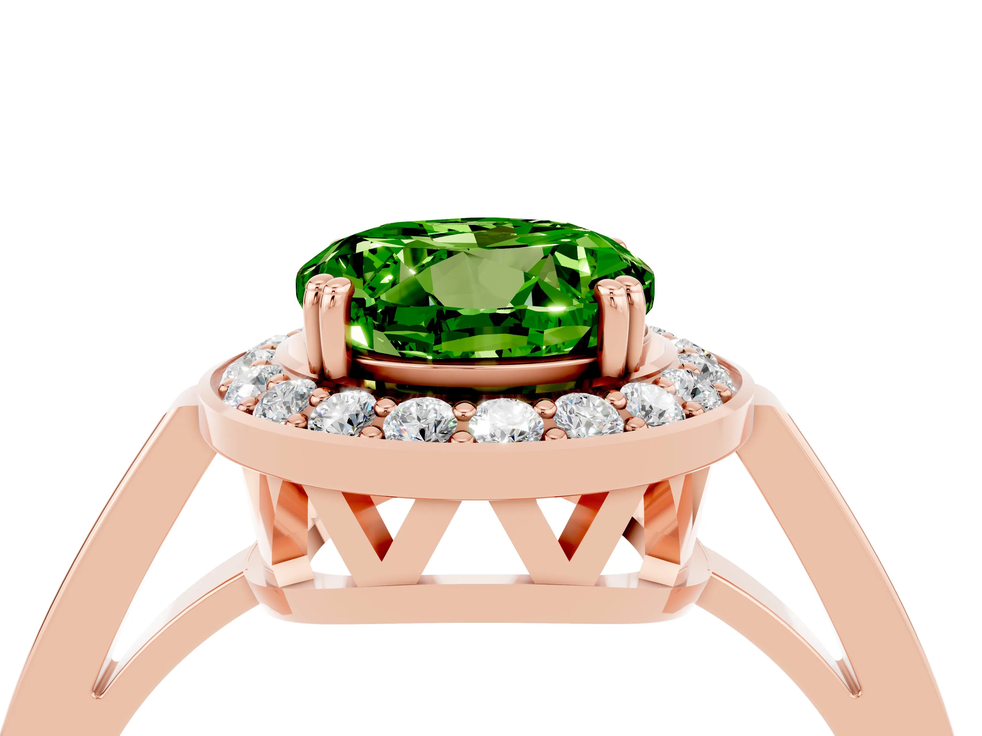 Rose gold {shape_name} Peridot Halo Ring with Split Shank and Four-Prong Setting_4