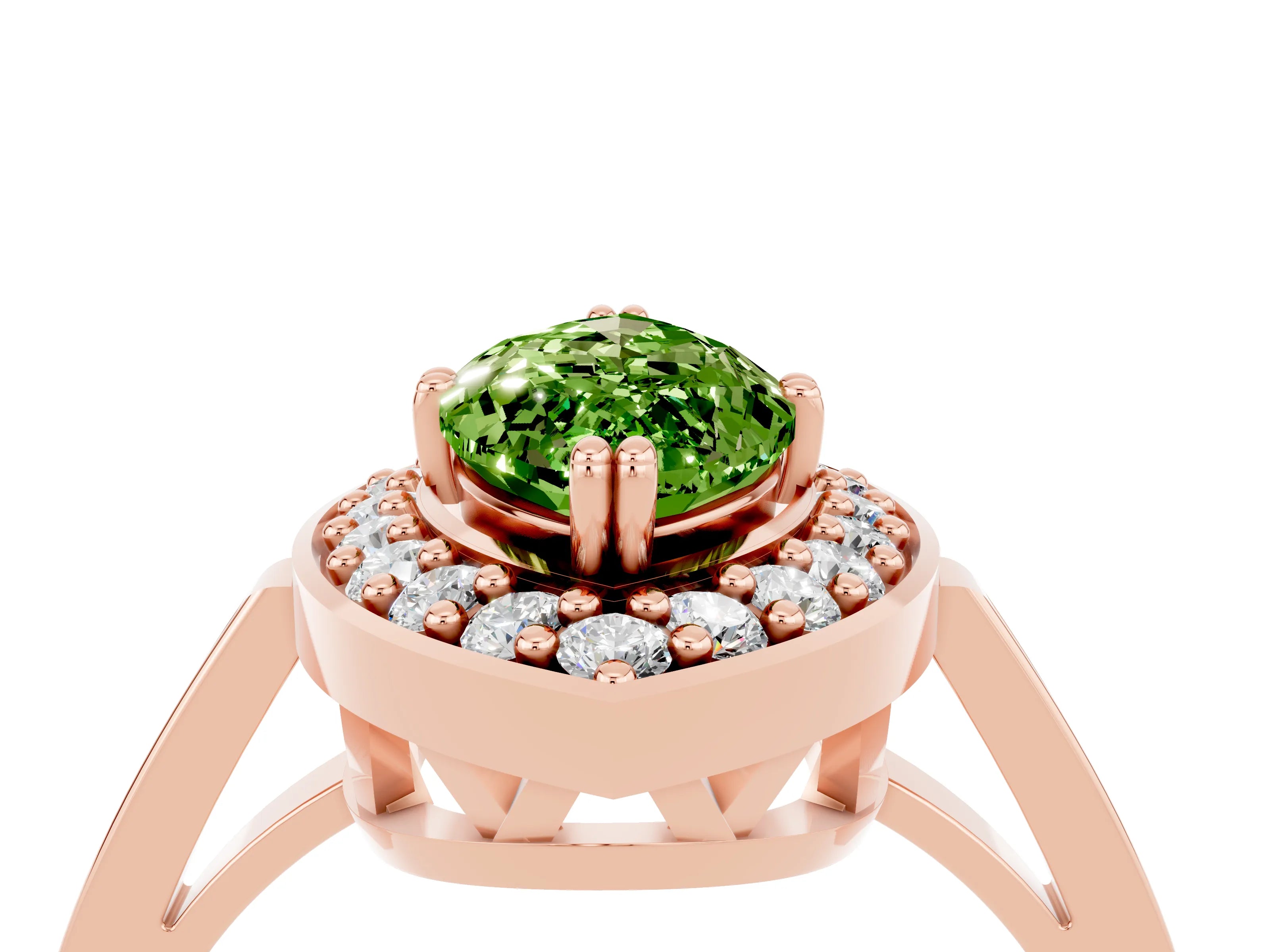 Rose gold {shape_name} Peridot Halo Ring with Split Shank and Four-Prong Setting_4
