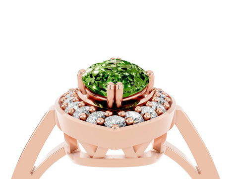 Rose gold {shape_name} Peridot Halo Ring with Split Shank and Four-Prong Setting_4