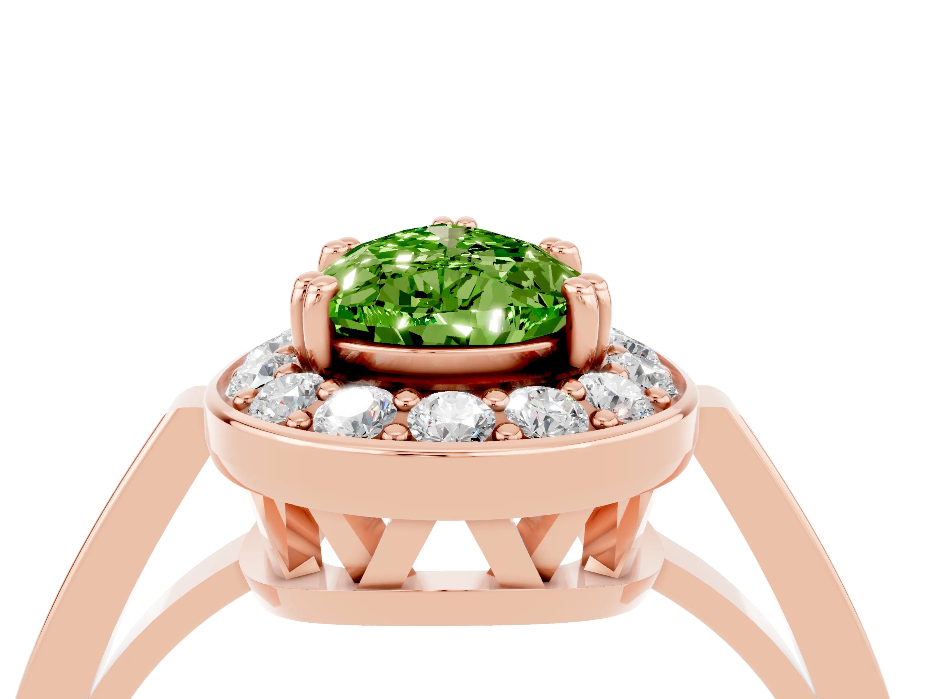 Rose gold {shape_name} Peridot Halo Ring with Split Shank and Four-Prong Setting_4