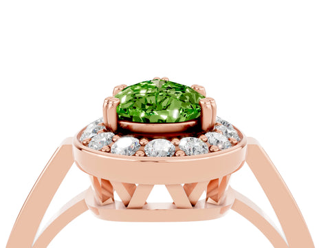 Rose gold {shape_name} Peridot Halo Ring with Split Shank and Four-Prong Setting_4