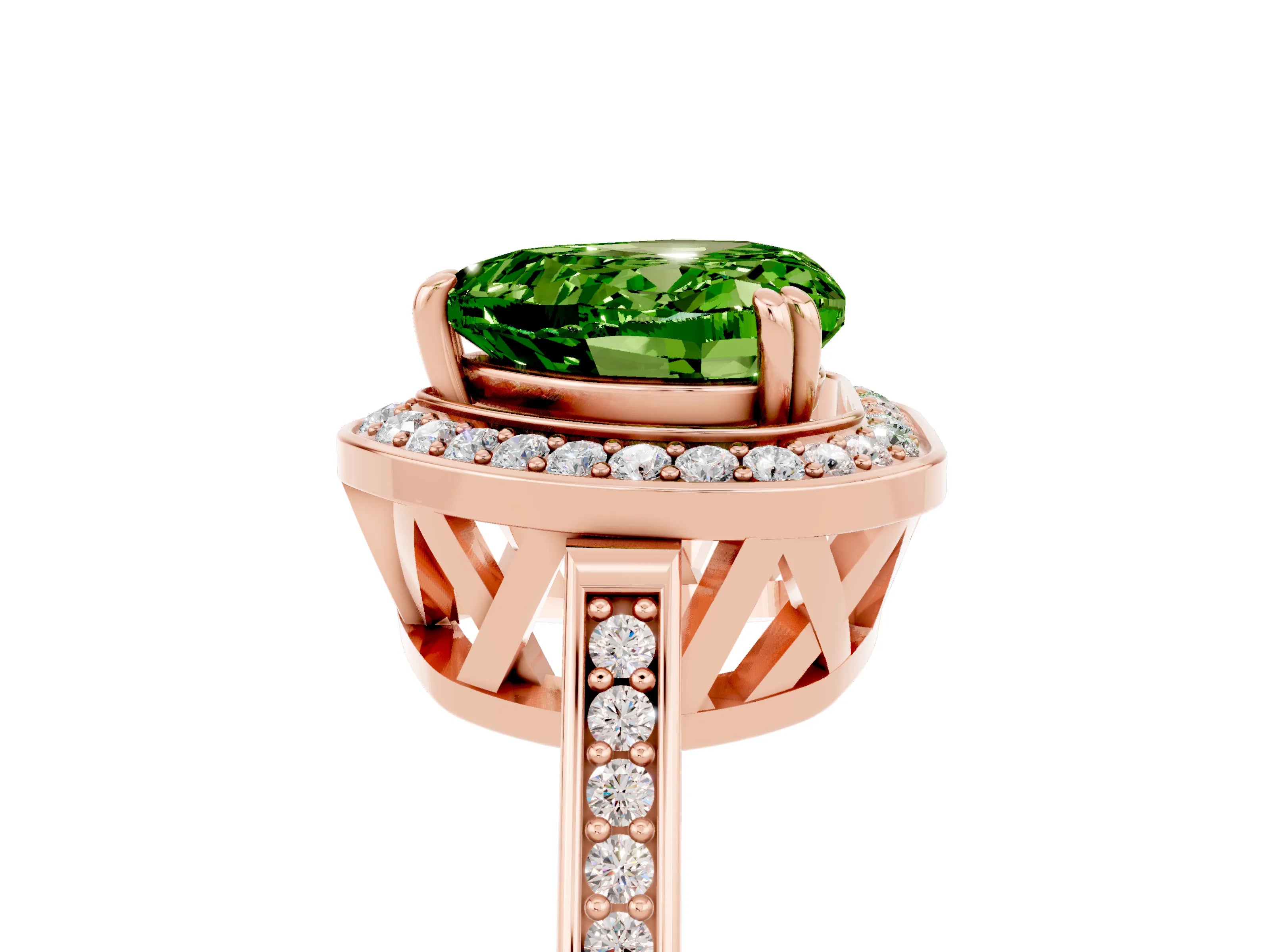 Rose gold {shape_name} Peridot Halo Ring with Split Shank and Four-Prong Setting_5