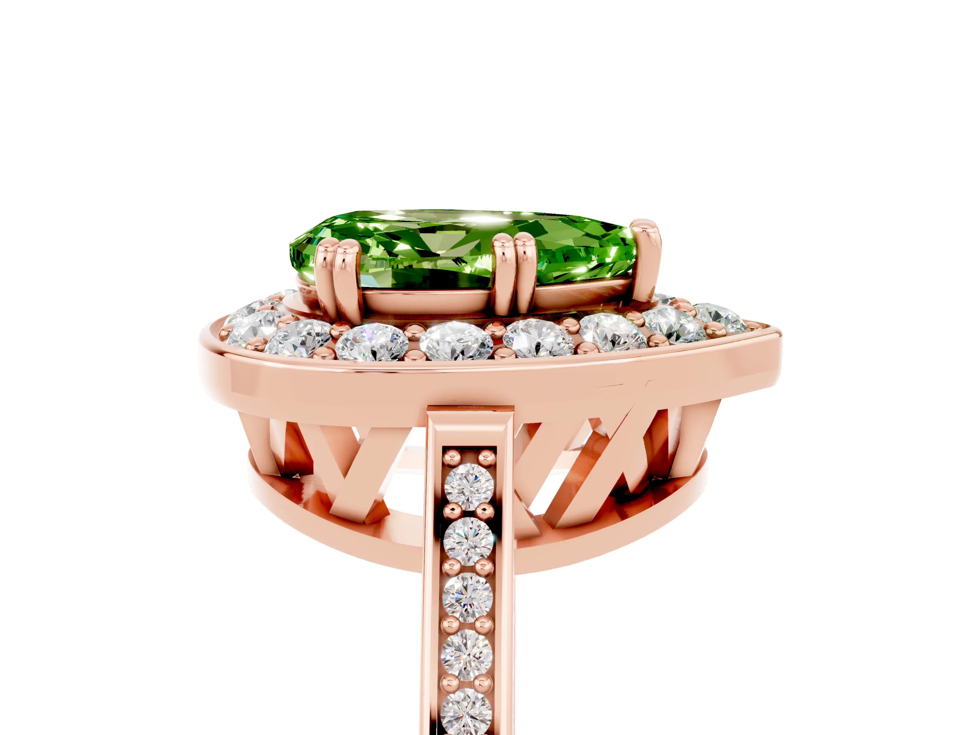 Rose gold {shape_name} Peridot Halo Ring with Split Shank and Four-Prong Setting_5