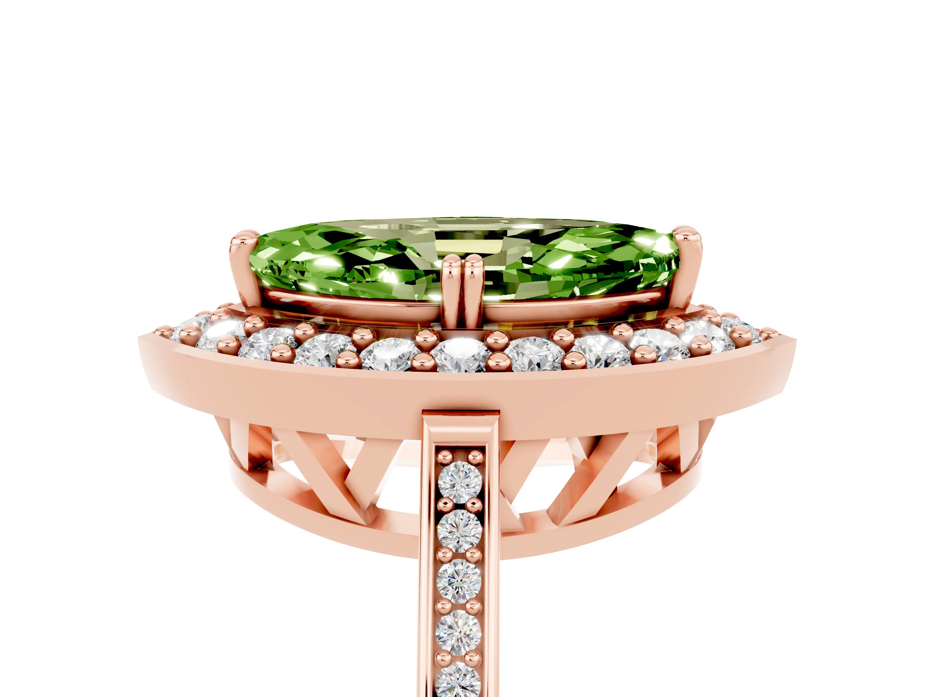 Rose gold {shape_name} Peridot Halo Ring with Split Shank and Four-Prong Setting_5