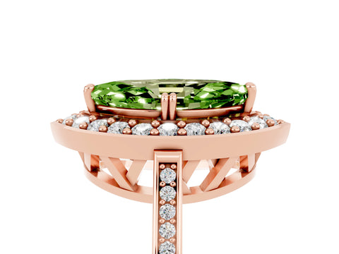 Rose gold {shape_name} Peridot Halo Ring with Split Shank and Four-Prong Setting_5