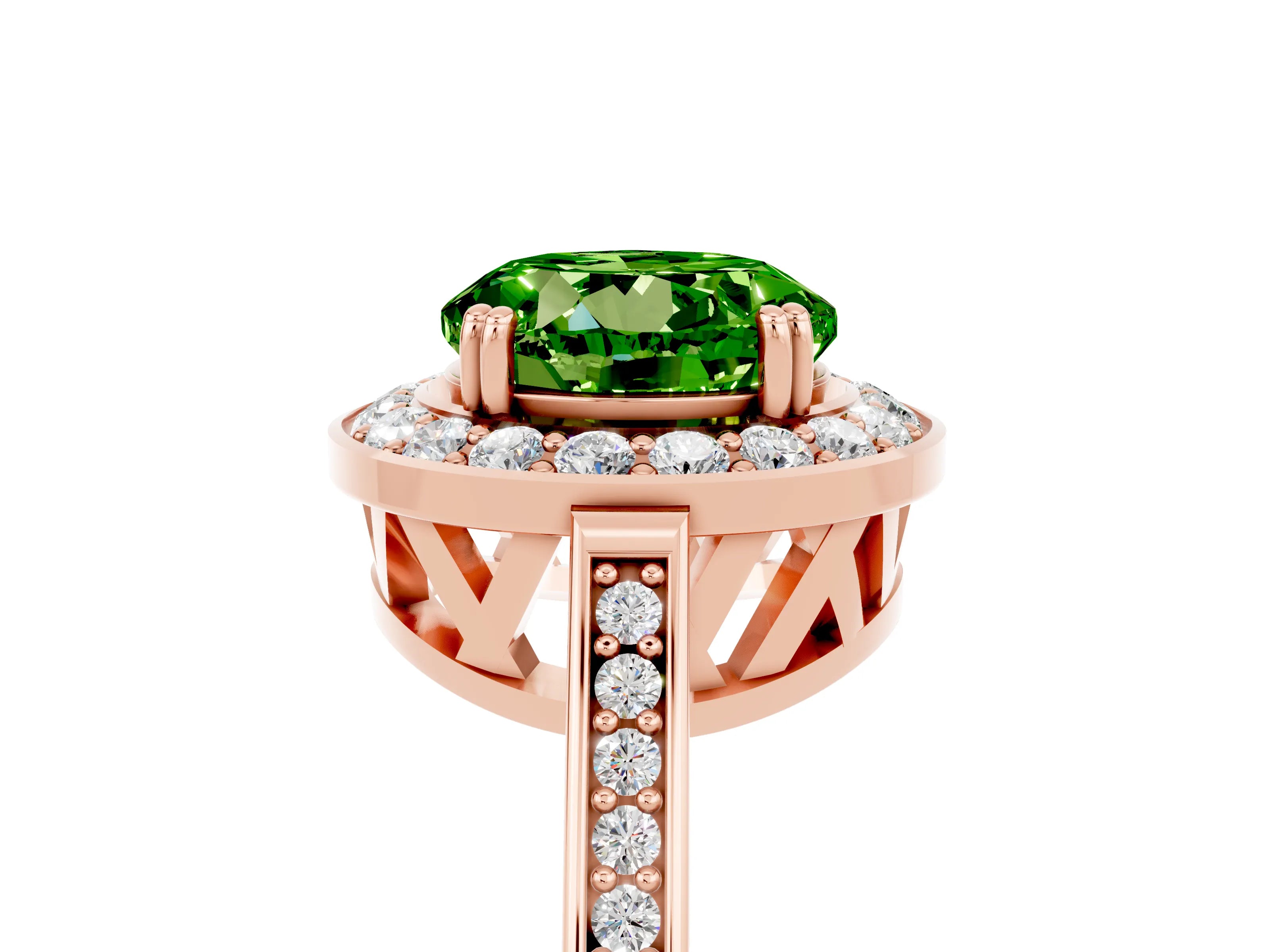 Rose gold {shape_name} Peridot Halo Ring with Split Shank and Four-Prong Setting_5