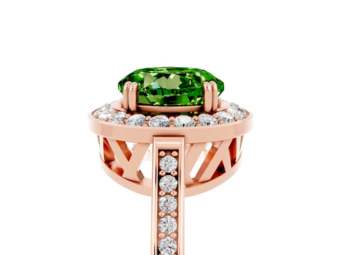 Rose gold {shape_name} Peridot Halo Ring with Split Shank and Four-Prong Setting_5