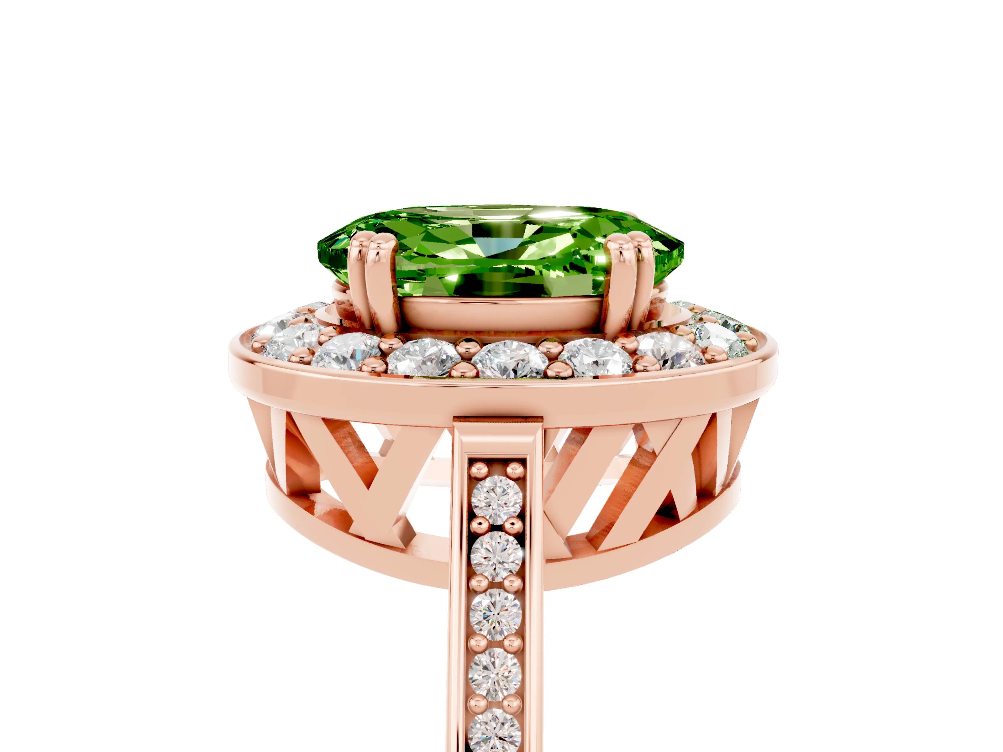 Rose gold {shape_name} Peridot Halo Ring with Split Shank and Four-Prong Setting_5