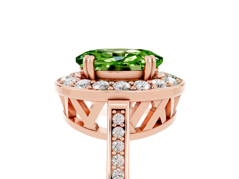 Rose gold {shape_name} Peridot Halo Ring with Split Shank and Four-Prong Setting_5