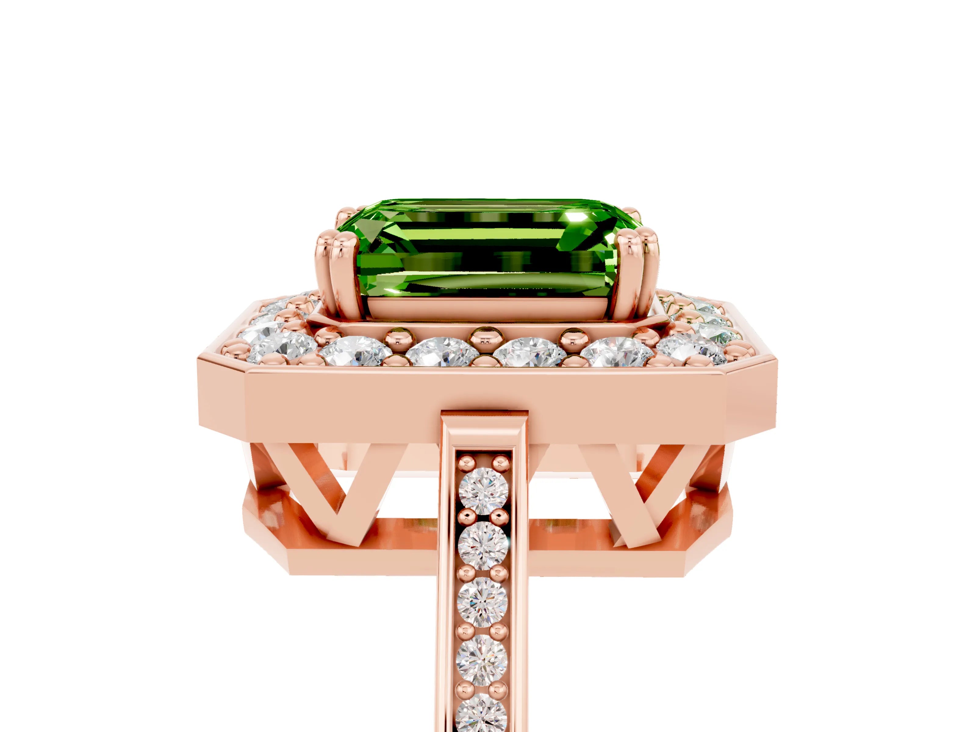 Rose gold {shape_name} Peridot Halo Ring with Split Shank and Four-Prong Setting_5
