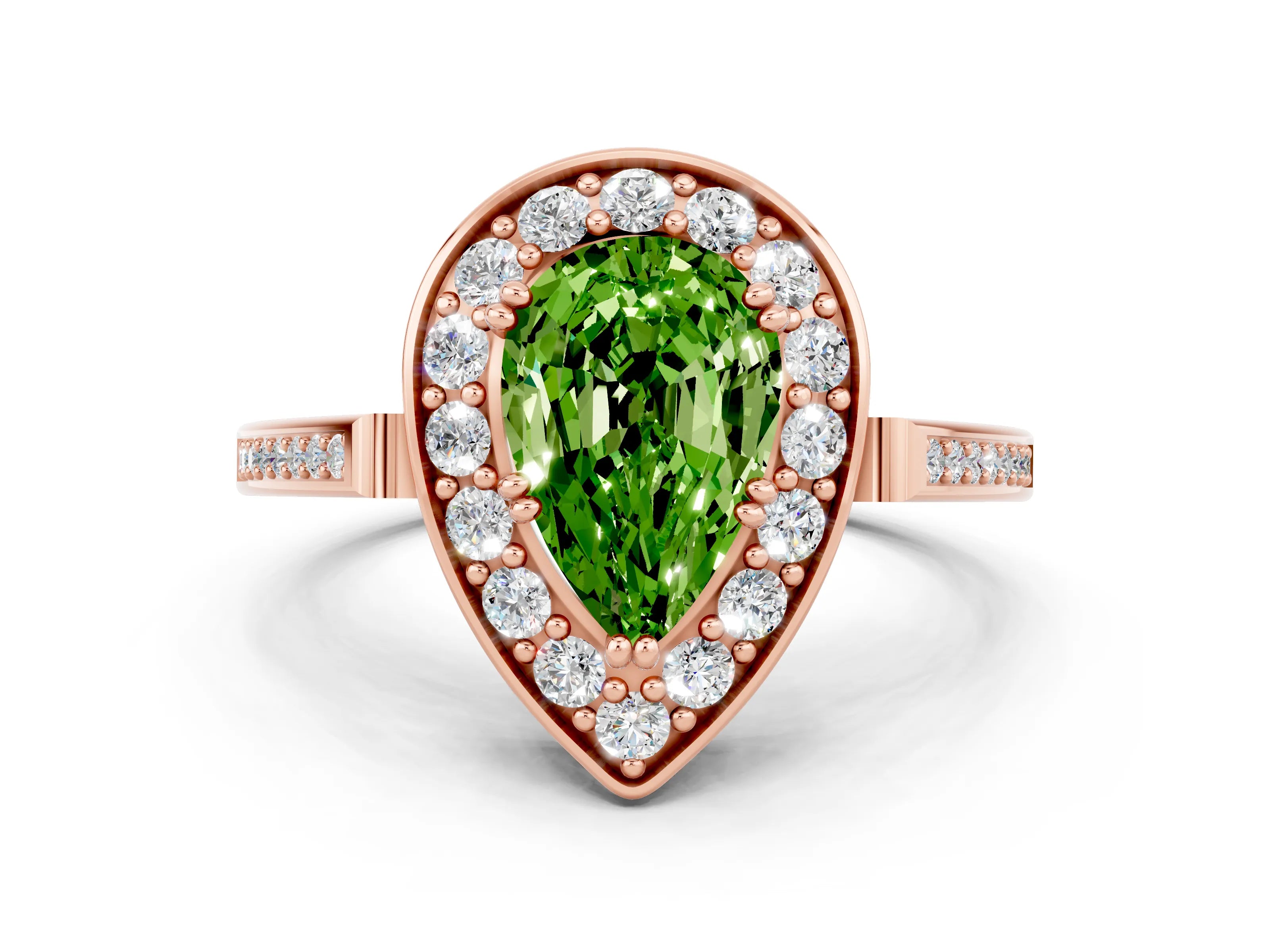 Rose gold {shape_name} Peridot Halo Ring with Split Shank and Four-Prong Setting