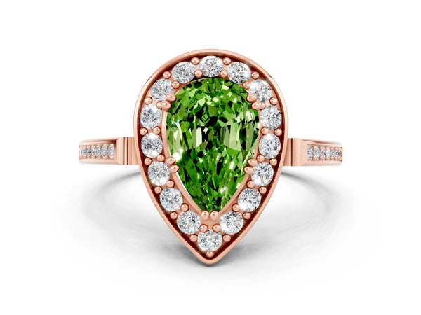 Rose gold Pear Cut Peridot Halo Ring with Split Shank and Four-Prong Setting